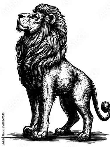 Lion Victorian engraving, poised with shadowed mane texture