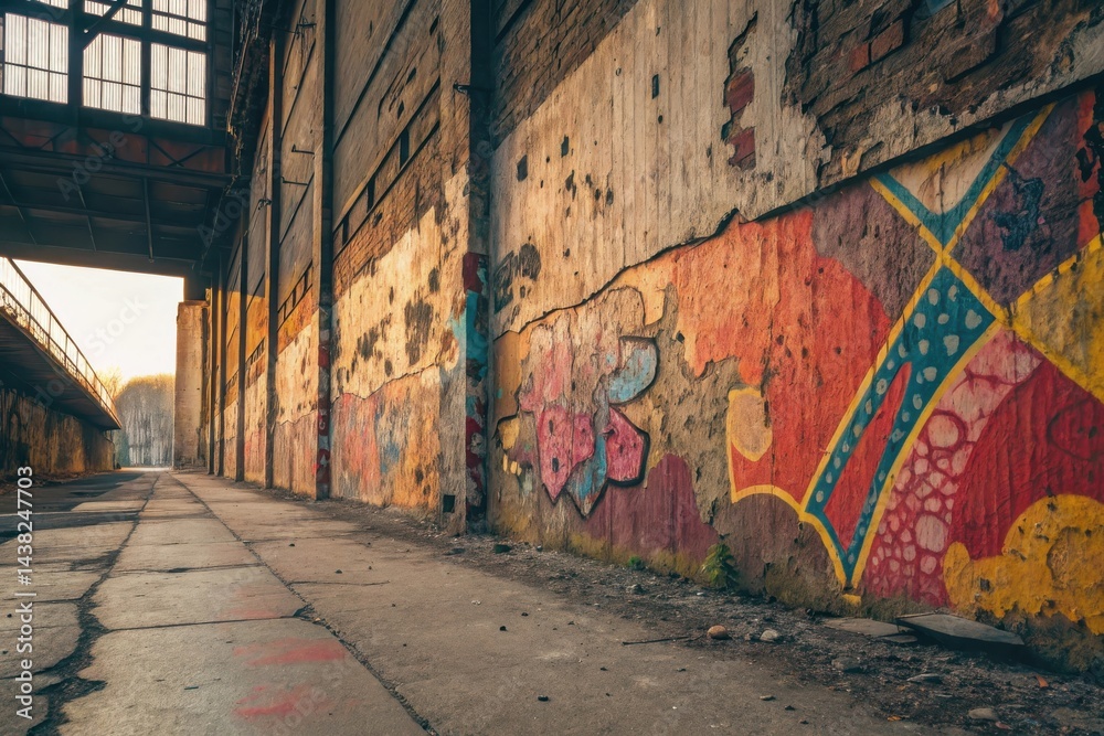 Fototapeta premium Abandoned factory interior with graffiti covered walls and a long hallway leading to the light