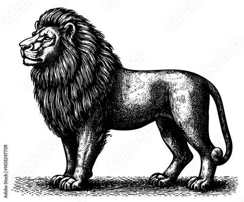 Lion vintage engraving, alert stance, muscles and textured mane