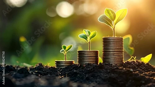 Growing plants on stacks of coins symbolize investment and financial growth.