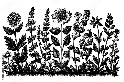 Engraved medicinal herbs sheet, assorted leaves and blossoms