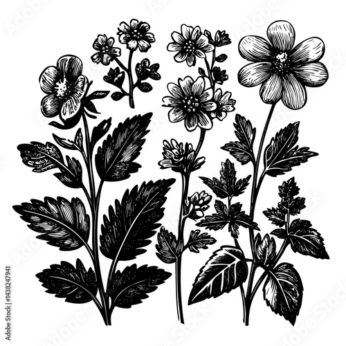Medicinal herb sheet, engraved stems textures therapeutic flora