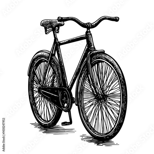 Old-fashioned bicycle engraving, side view classic spoke wheel