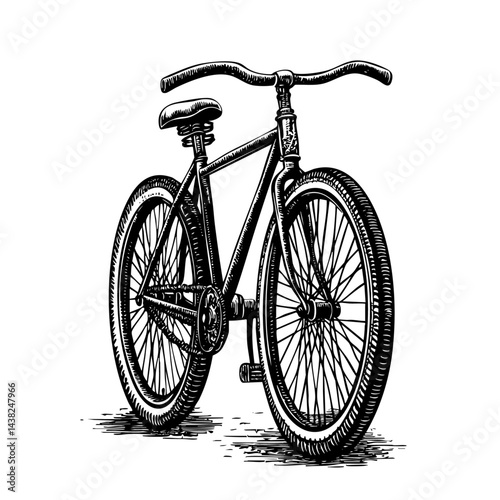 Old-fashioned bicycle engraving, frontal handlebars perspective