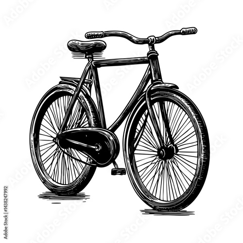 Retro bicycle engraving, ornate spoke pattern, chainring detail