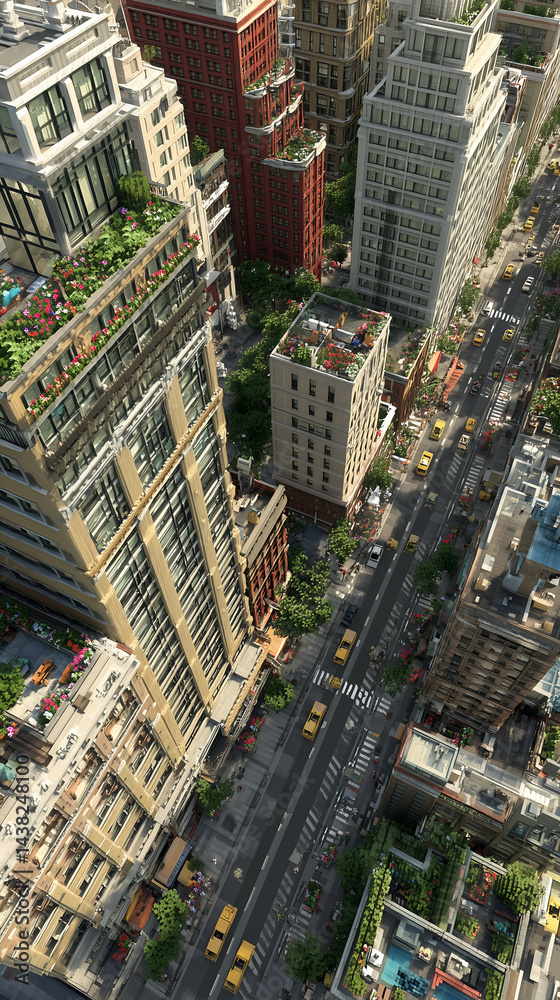 Obraz premium Modern Urban Skyline: Aerial View of Cityscape with Skyscrapers and Greenery in Downtown Metropolitan Area