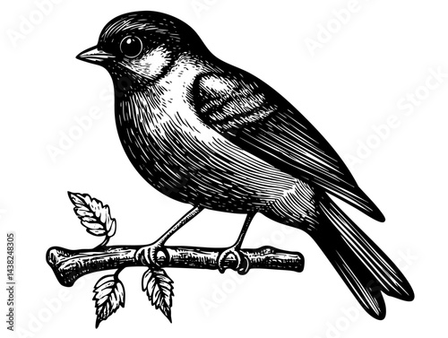 Songbird on twig engraving twig serenade minimal