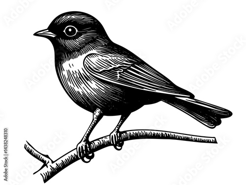 Songbird on twig engraving chirp stance artwork