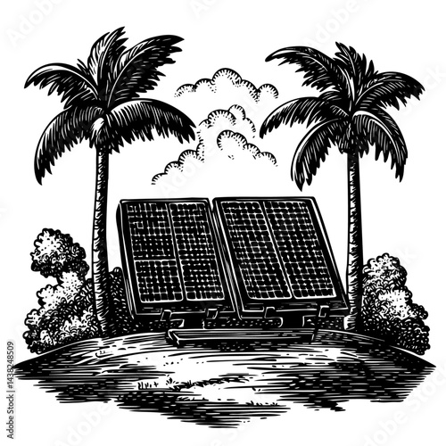 Solar panels engraving forest edge eco energy scene ab2