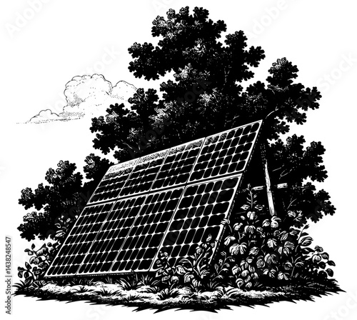 Solar panels engraving sunlit field eco energy scene eaf