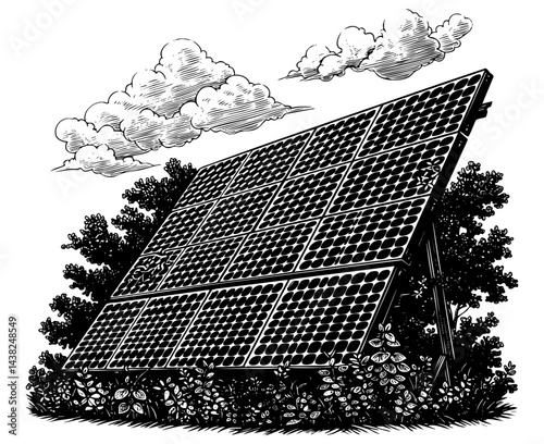 Solar panels engraving mountain backdrop eco scene eaf