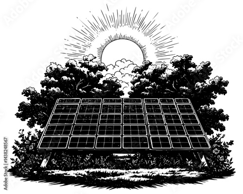 Solar panels engraving forest edge eco energy scene eaf