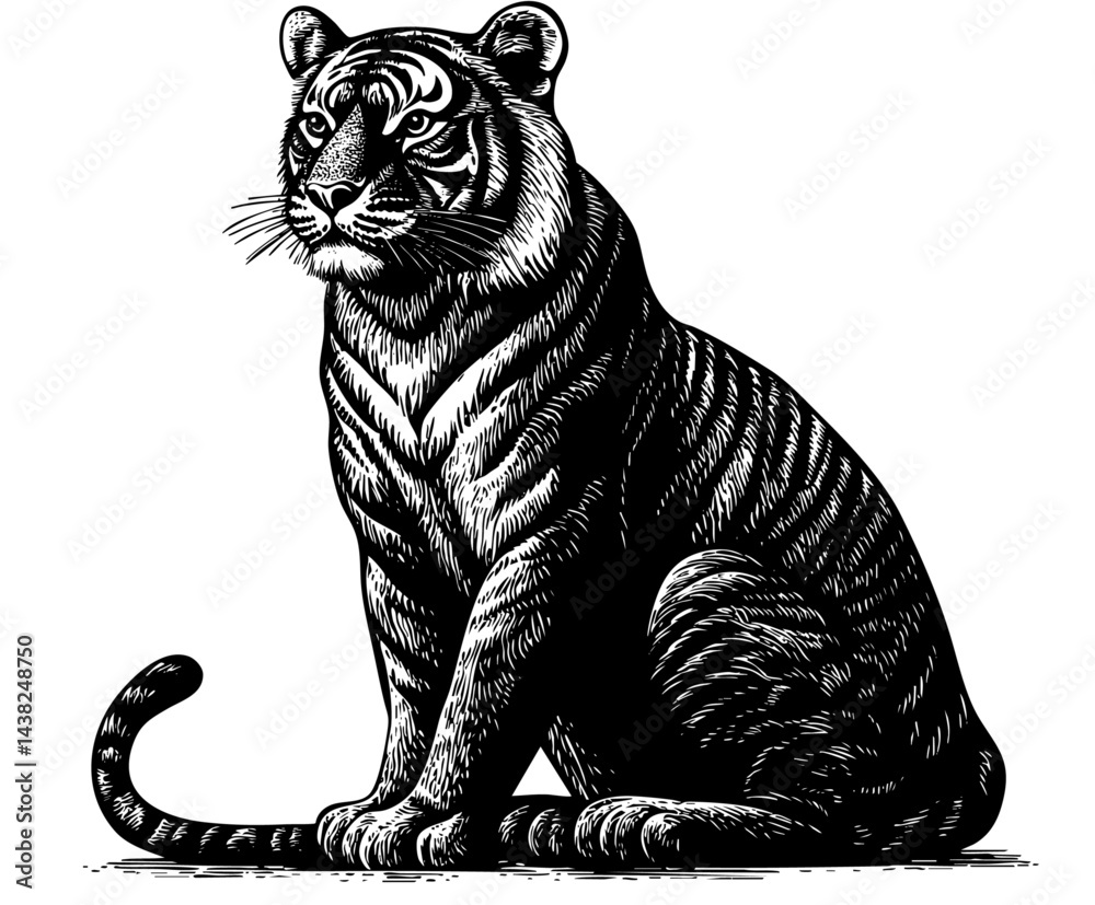Tiger sitting intricate engraving majestic pause jungle art 807 Tiger sitting intricate engraving majestic pause jungle art 807