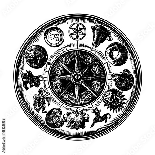 Astrological symbols engraving zodiac wheel mystic ACC