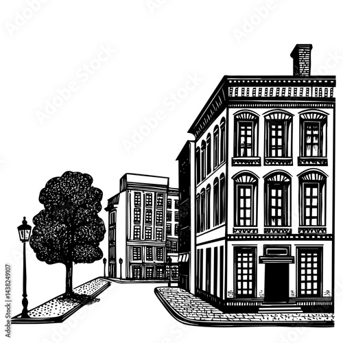 Urban street scene engraving lamp-lit road historic view