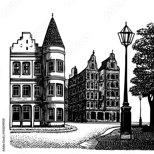 Urban street scene engraving horse carriage historic view