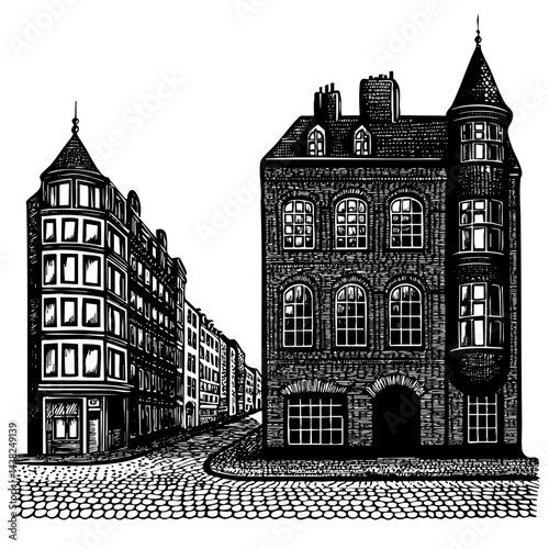 Urban street scene engraving crowded plaza historic view