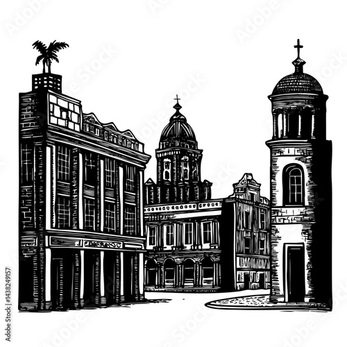 Urban street scene engraving busy market historic city