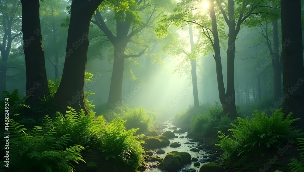 Obraz premium Enchanting Misty Forest with Flowing Stream - Nature's Tranquil Beauty