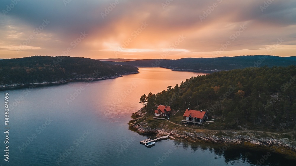 Fototapeta premium Aerial view of houses by calm water at sunset