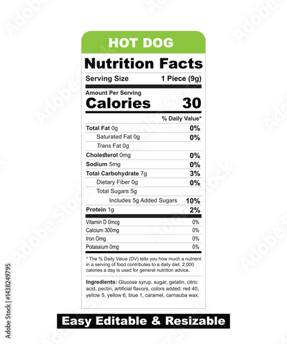Nutrition Facts Label design template for food content. Vector serving, fats and diet calories list for fitness healthy dietary supplement, protein sport nutrition facts American standard guideline