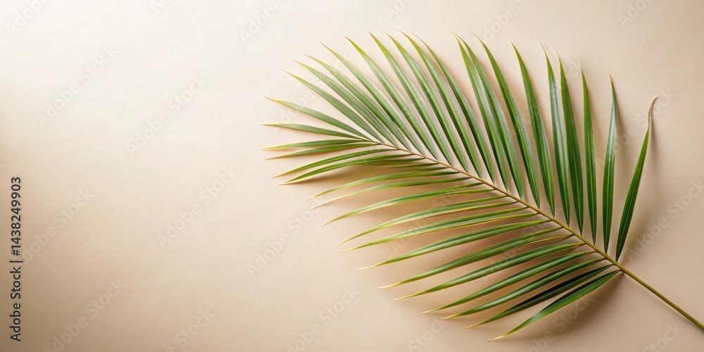 Fototapeta premium A single palm frond gracefully rests on a soft, beige background, creating a simple yet elegant tropical scene.
