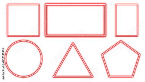 A collection of neon-outlined geometric shapes including circles squares rectangles triangles and pentagons on a white background symbolizing modern digital design.	