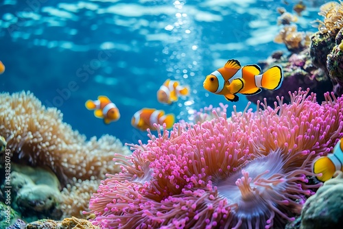Fototapeta Naklejka Na Ścianę i Meble -  A vibrant coral reef full of anemones and clownfish captured through underwater photography.