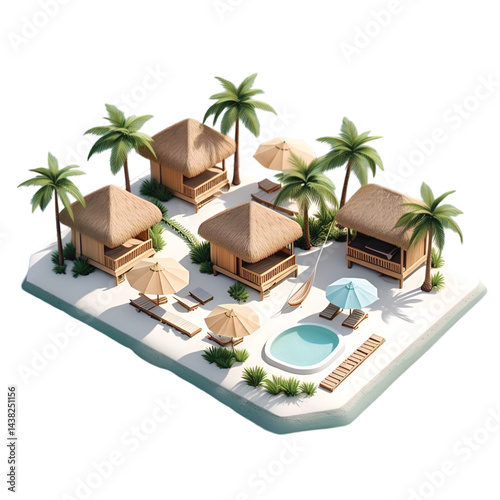  Tiny Beach Resort Isometric Floating Land Minimalist Tropical Art