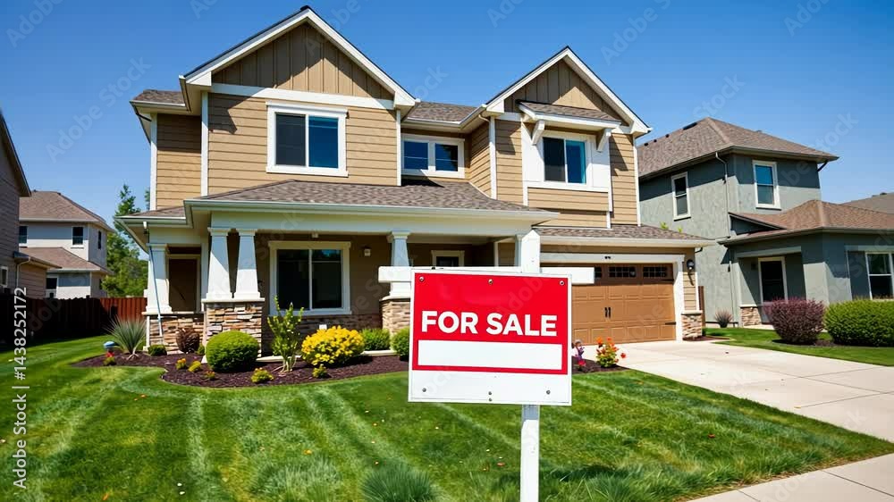 Family Home with For Sale Sign in Residential Neighborhood