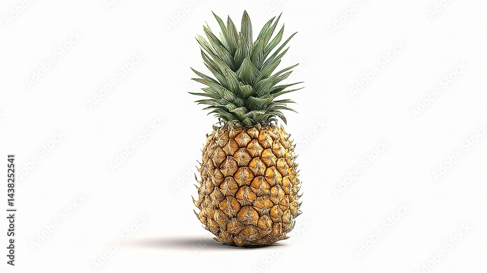 Single Pineapple with Spiky Crown and Golden Texture on White Background Single Pineapple with Spiky Crown and Golden Texture on White Background