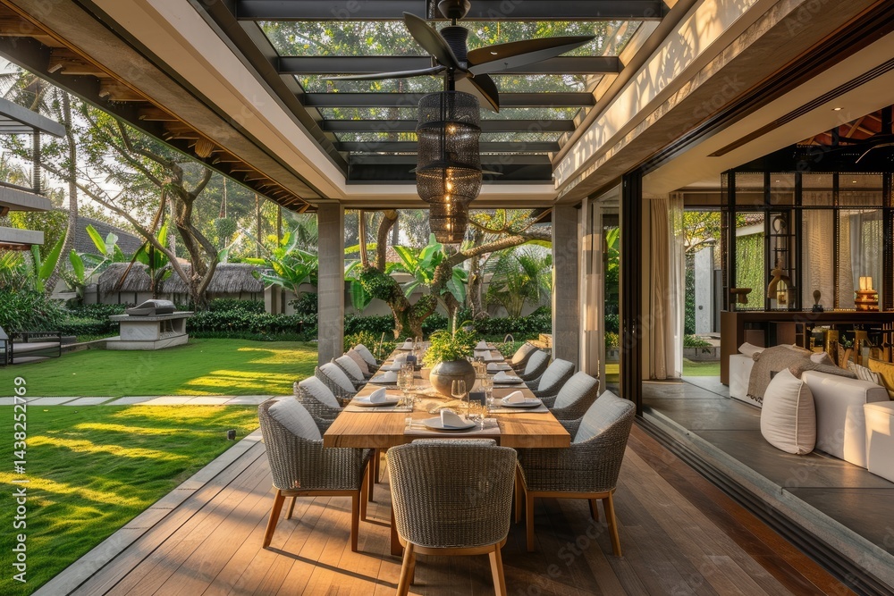 Fototapeta premium Modern Dining Terrace with Glass Ceiling, Greenery, and Beige Table Setting