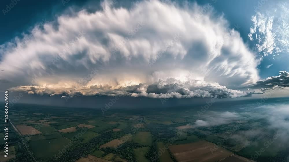 A dramatic view from above of a cloud storm rolling in over vast, open fields.