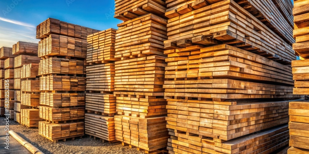 Stacked Wooden Planks Arranged In A Geometric Pattern Against A Clear Blue Sky With Golden Light Reflecting Off The Surface Of The Timber Stacked Wooden Planks Arranged In A Geometric Pattern Against A Clear Blue Sky With Golden Light Reflecting Off The Surface Of The Timber