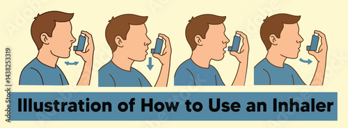 Illustration depicting a step-by-step guide on the proper use of an inhaler, showcasing the right technique for efficient respiratory relief. Ideal for medical, healthcare, and educational purposes.
