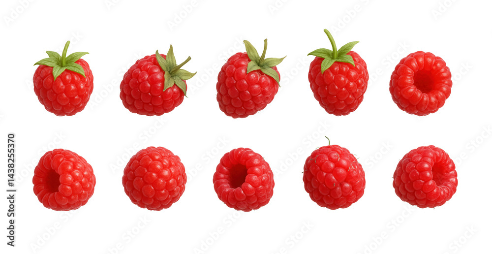Set of fresh raspberries rotating on transparent background Set of fresh raspberries rotating on transparent background