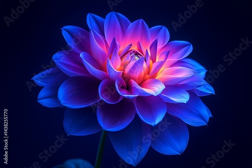 A vibrant dahlia flower in purple and blue, with intricate petals and a magical glow.