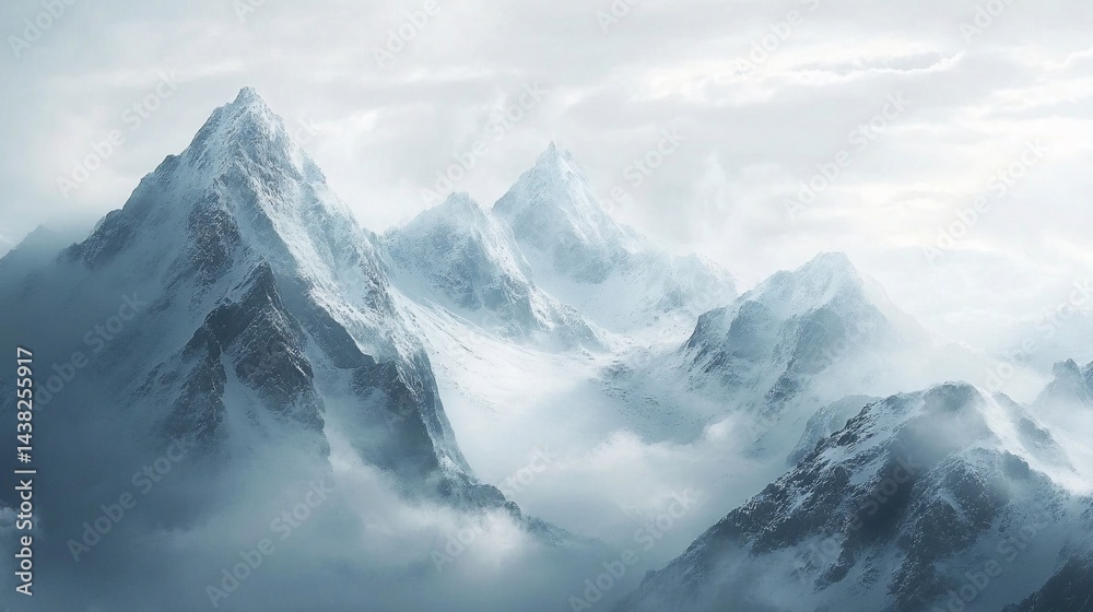 Snowy mountain peaks shrouded in mist and clouds, a serene winter scene Snowy mountain peaks shrouded in mist and clouds, a serene winter scene