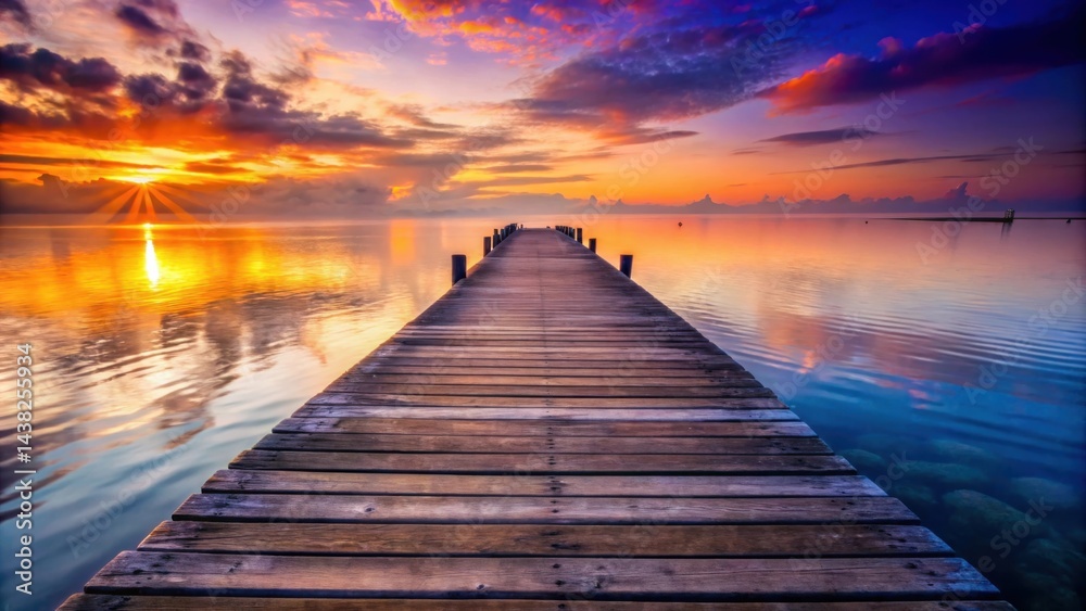 Naklejka premium A wooden pier extending into calm, still water reflecting a vibrant sunrise with colorful clouds in the sky.