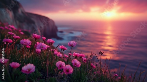Pink flowers blooming at sunset by the ocean, a breathtaking coastal scene. Serenity and beauty captured in this nature photography.