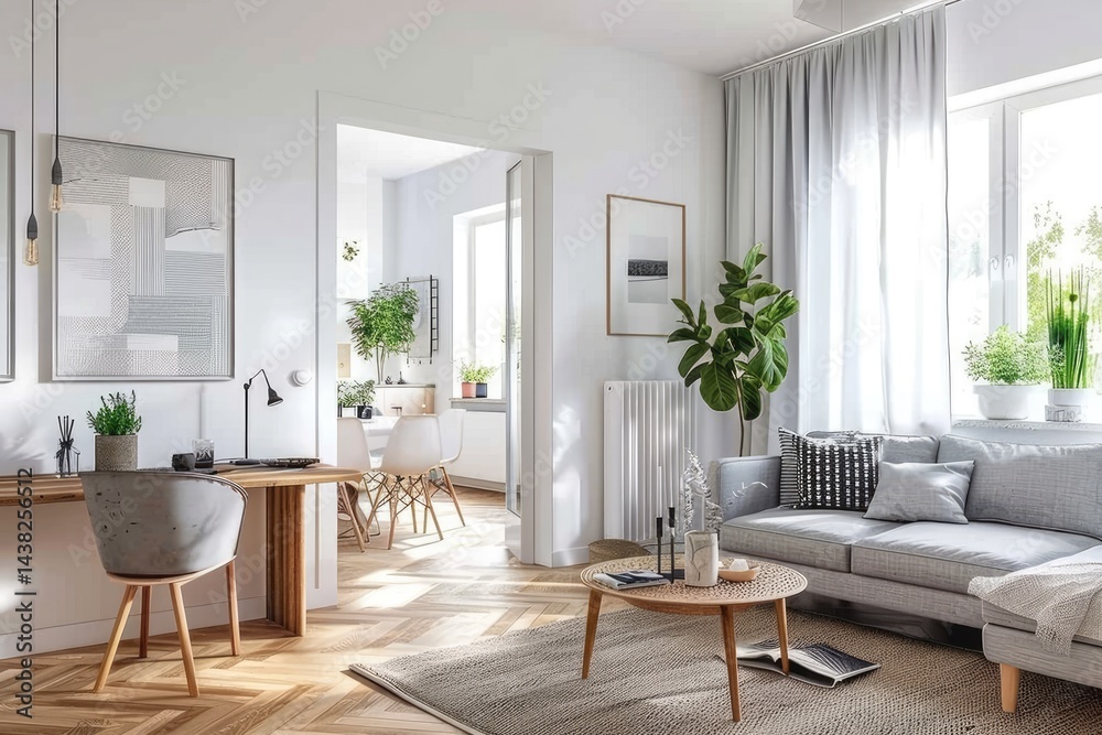 Fototapeta premium Scandinavian Modern Living Room with White Walls, Wooden Floor, Grey Sofa, and Minimalist Decor