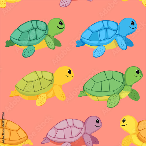 Cute cartoon turtles and tortoises, aquatic and wild reptiles with green shells, form a seamless vector illustration pattern