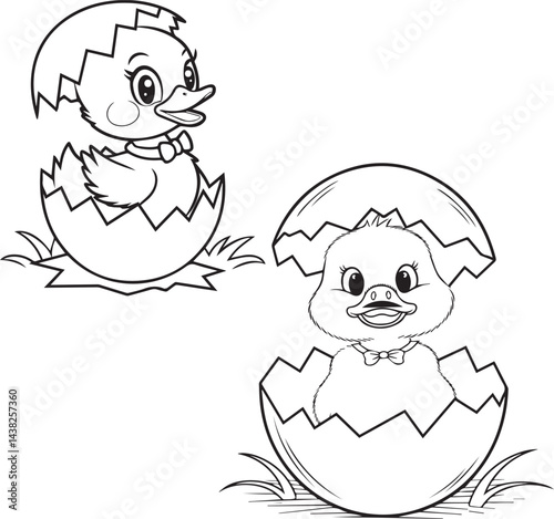 Cute Baby Ducks Hatching from Eggs – Black and White Line Art