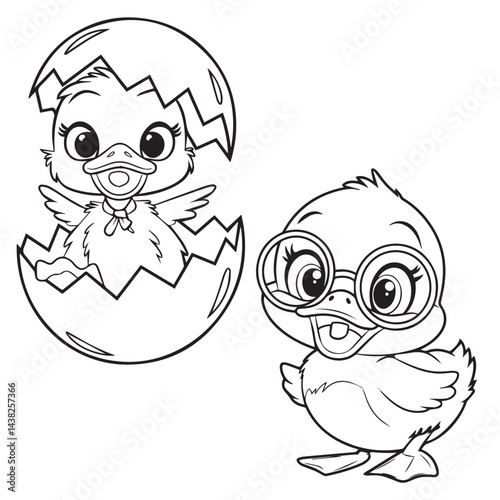Cute Baby Ducks Hatching from Eggs – Black and White Line Art

