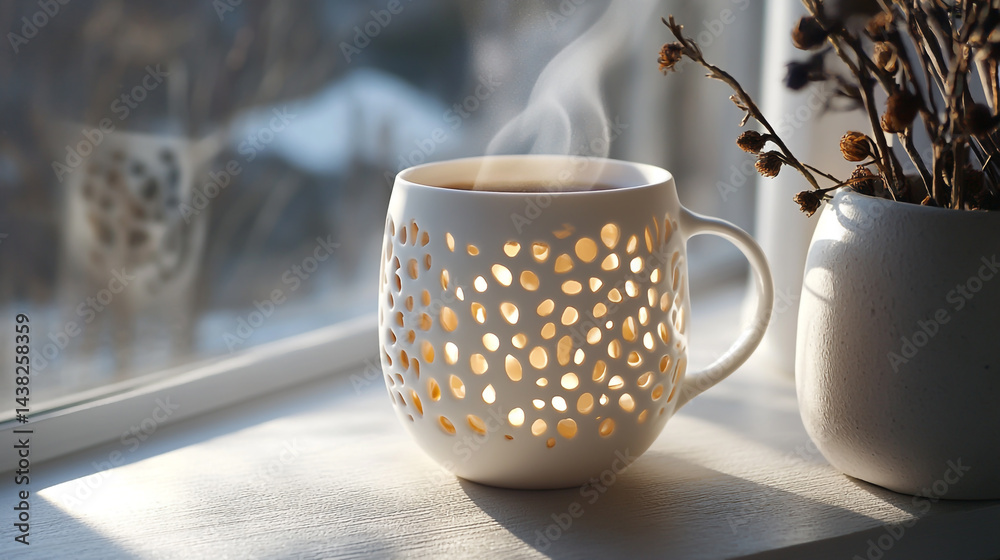 custom made wallpaper toronto digitalWhite Ceramic Mug with Intricate Cutout Design, Steaming Hot Coffee Inside, Resting on a Sunlit Windowsill with a Warm