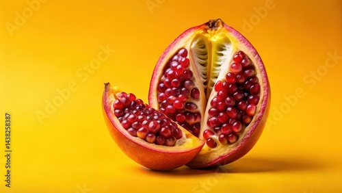 Fruity pulp splitting open to reveal vibrant seeds and juice , pulp, yellow,  pulp, yellow, red, seed, segments