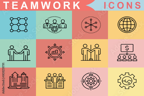 Business Teamwork Icons Set in Line Style 
 Collaboration, Partnership, Workplace, Synergy, Interaction, Management, Editable Stroke

