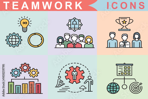 Teamwork and Business Cooperation Line Icons Partnership, Collaboration, Meeting, Workplace, Synergy, Interaction, Management