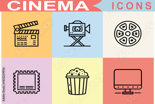 Cinema and Movie Line Icons Set  Theater, 3D, VR, Popcorn, Ticket, Director, Soundtrack, Editable Stroke

