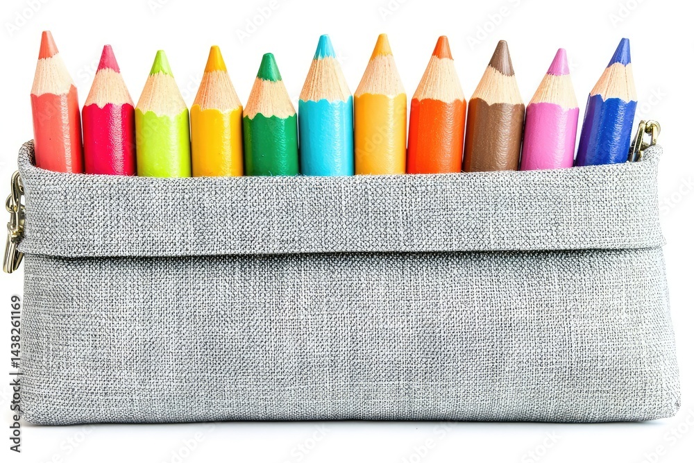 Fototapeta premium Colorful pencils neatly arranged in a grey fabric case (1)